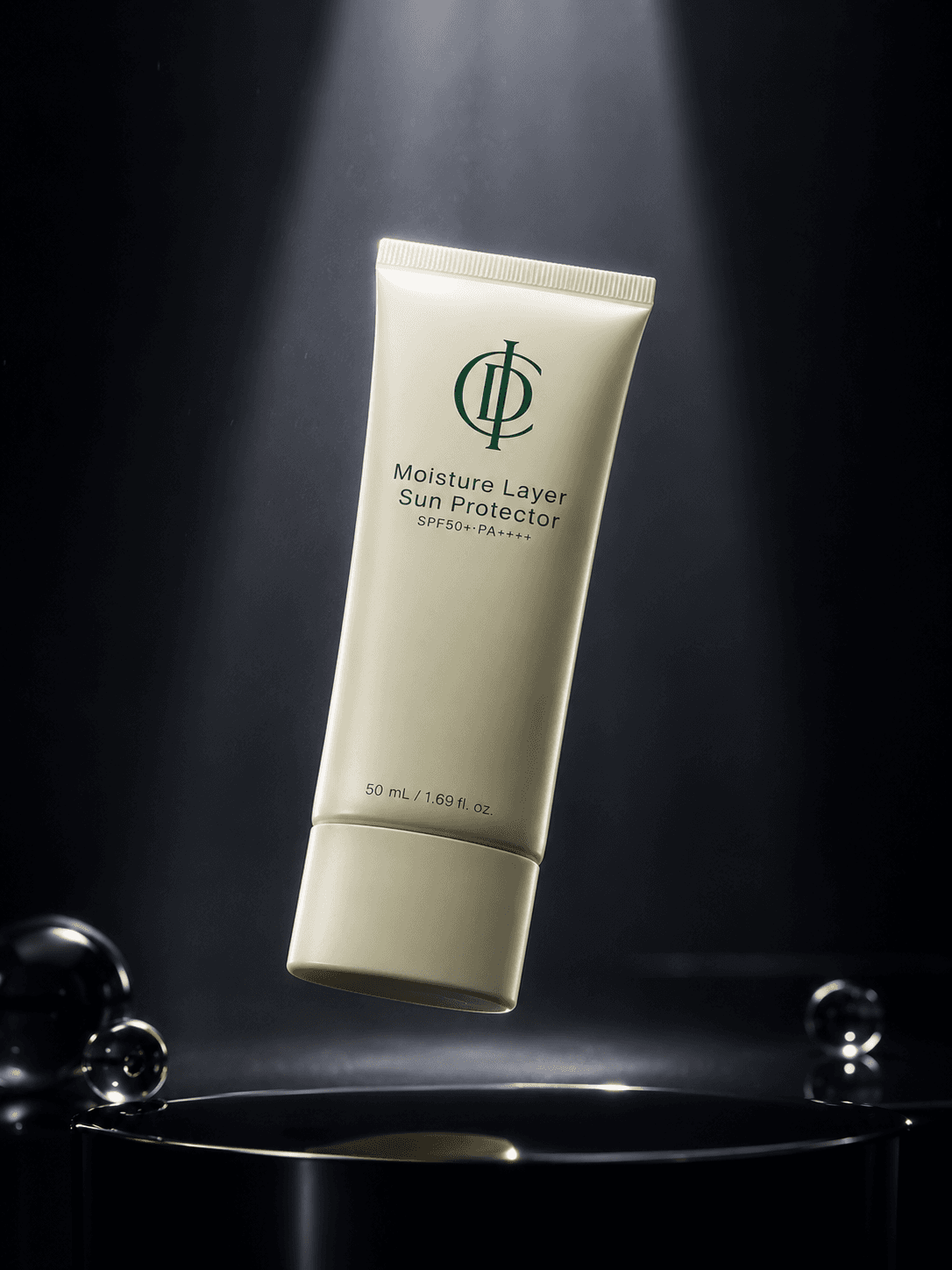 ICD Moisture Layer Sun Protector floating in dark luxury campaign