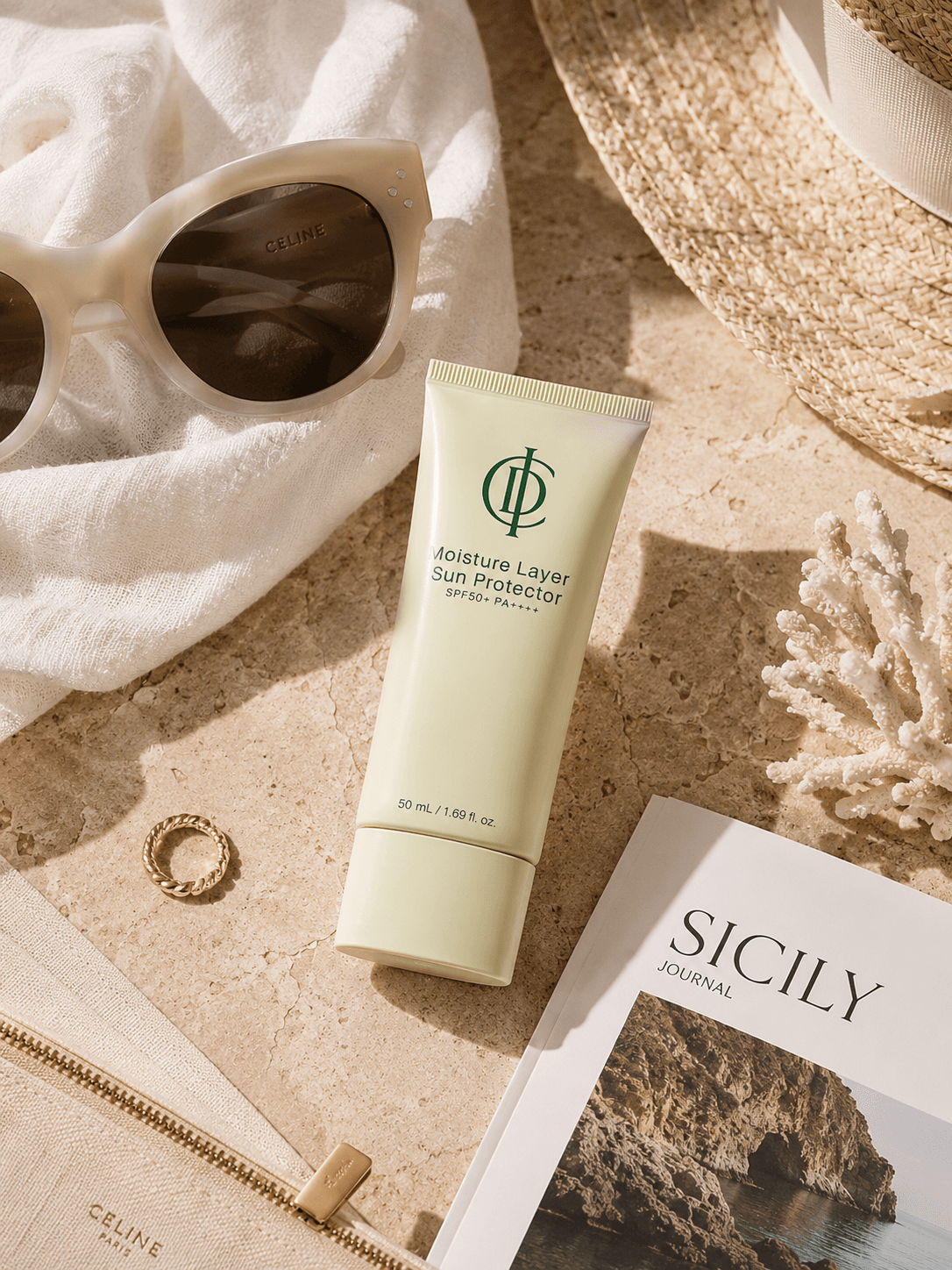 Summer flatlay with Korean sunscreen travel essentials