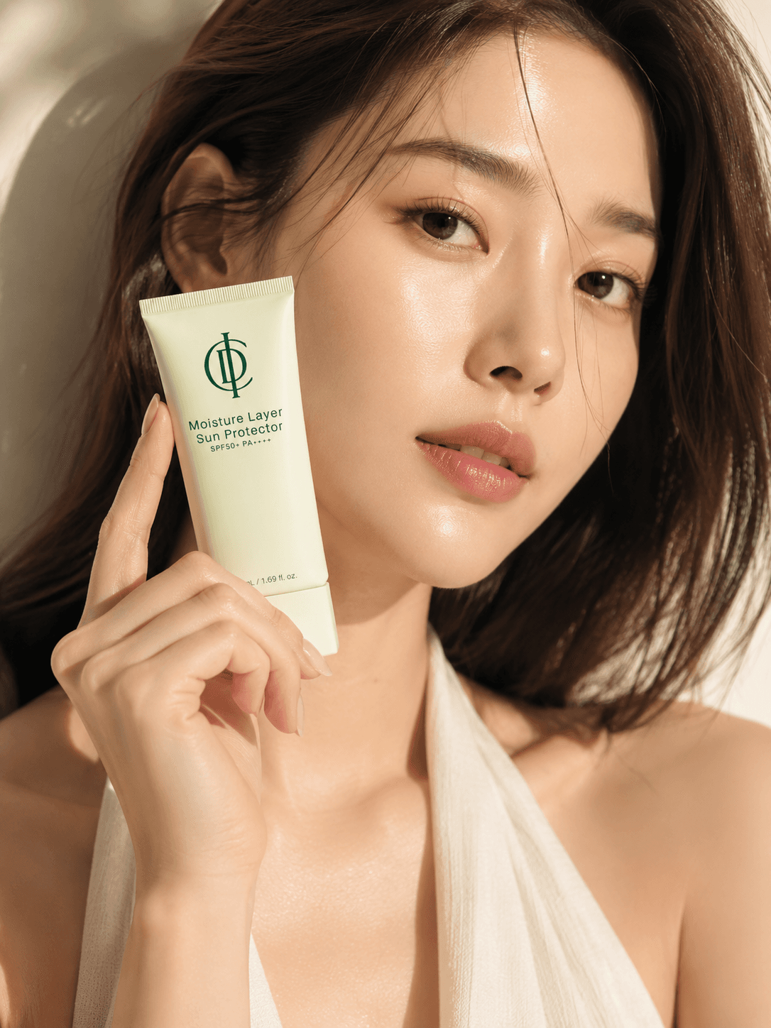 Korean model holding Moisture Layer Sun Protector SPF50+ PA++++