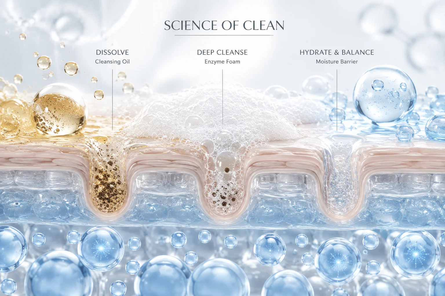 Visualizzazione scientifica della doppia detersione e della barriera cutanea